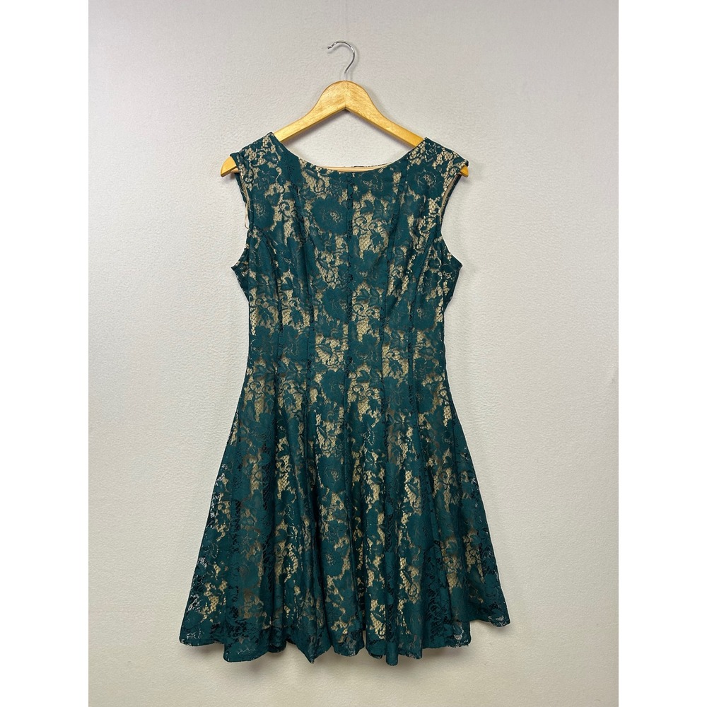 Cocktail‎ Wedding Julian Taylor Womens 12 Teal Green Floral Lace Flare Dress